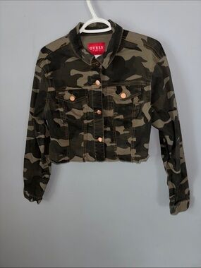 GUESS Camo Cropped Denim Jacket in Olive and Black